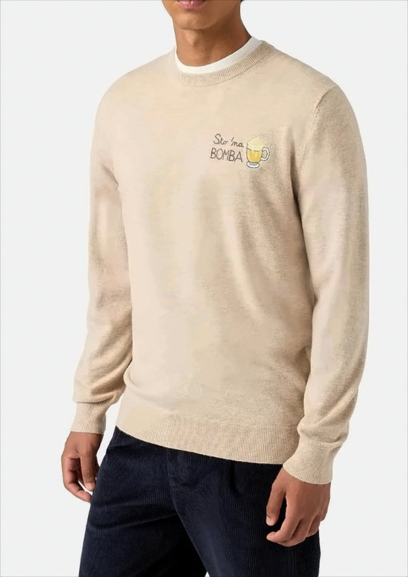 Mc2 Saint Barth Beige Crewneck Sweater With Embroidered Graphic