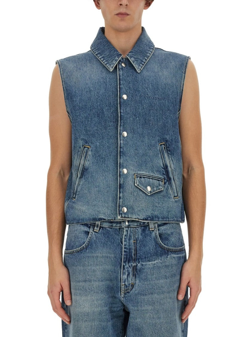 Givenchy Cropped Denim Vest With Classic Collar