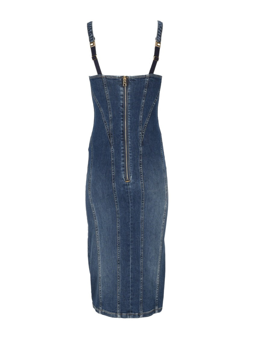 Elisabetta Franchi Denim Fitted Square Neck Day Dress