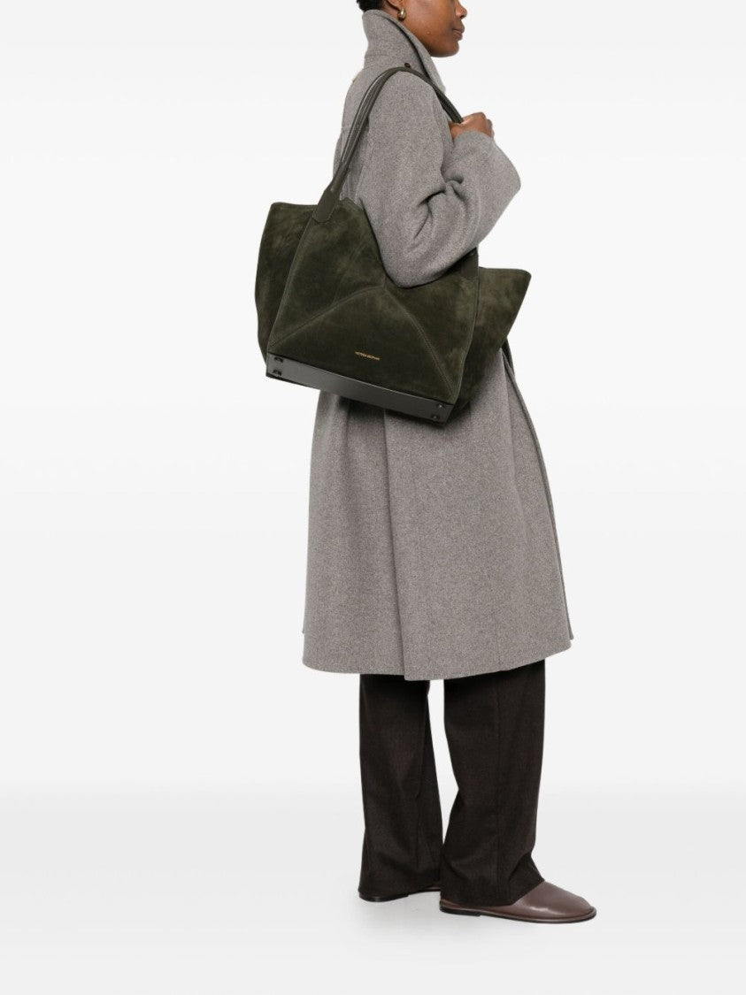 Victoria Beckham Structured Green Suede Tote With Gold Embossed Logo