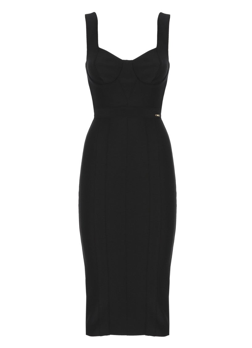 Elisabetta Franchi Heart-Neckline Fitted Black Midi Dress With Gold Logo Pin