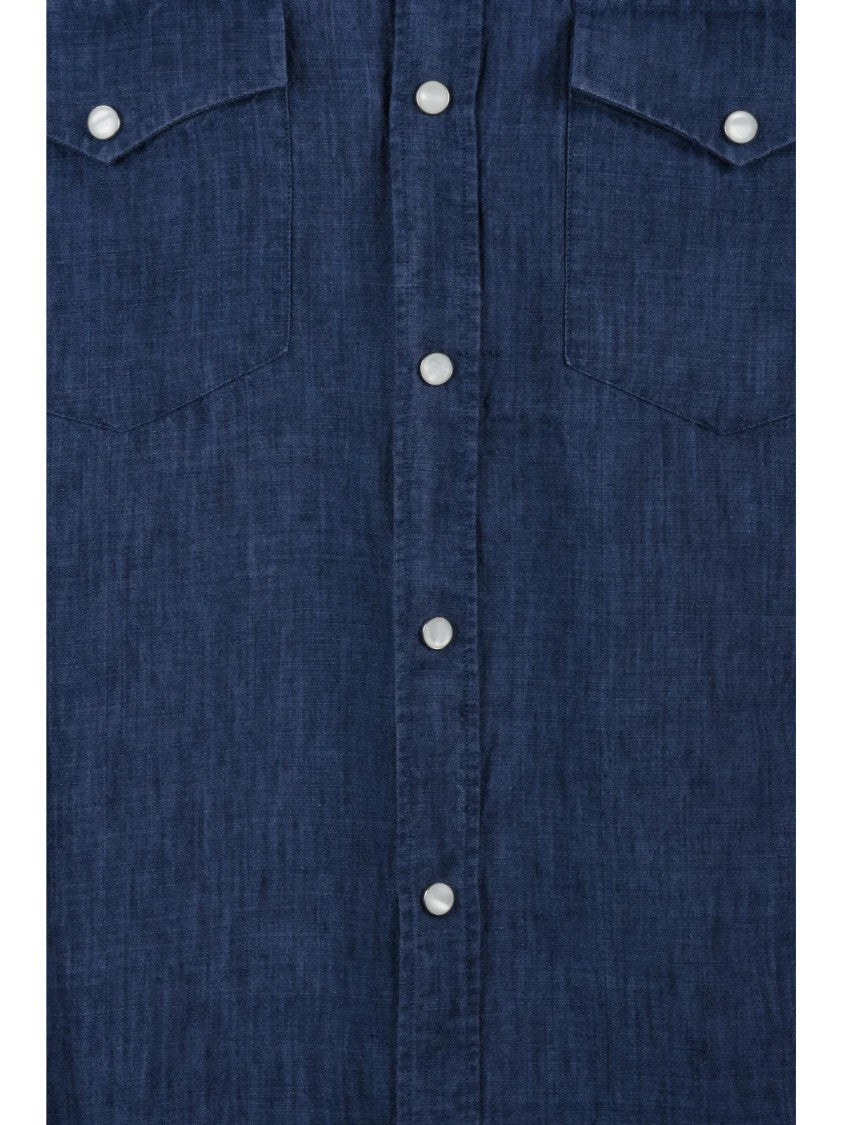 Mc2 Saint Barth Indigo Textured Flap Pocket Linen Shirt