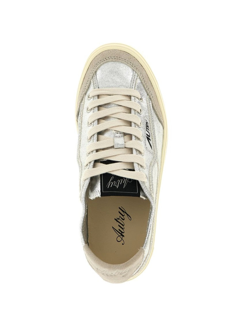 Autry Silver Metallic Canvas Lace-Up Sneakers