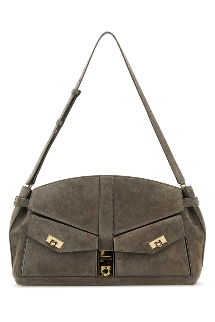 Salvatore Ferragamo Grey Suede Shoulder Bag