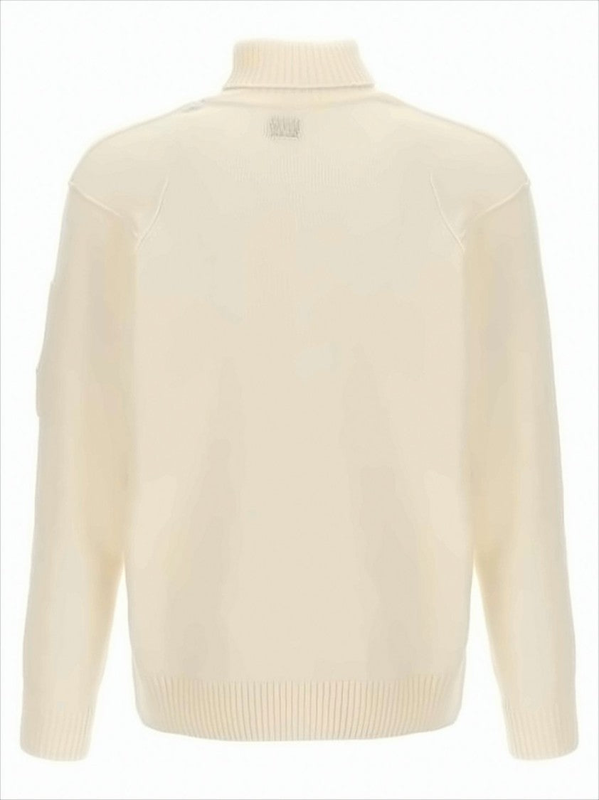 C.P. Company Cream Wool-Nylon Blend Turtleneck Sweater With Iconic Lens Detail