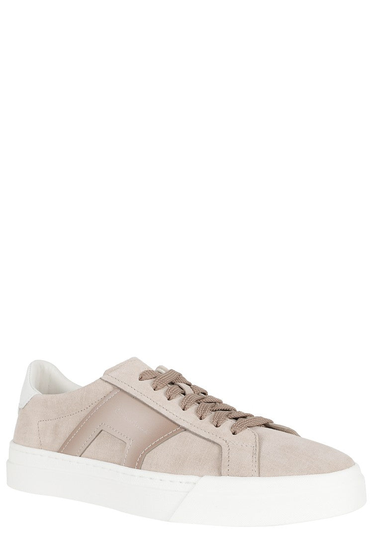 Santoni Beige Gloria Tumbled Leather Rubber Sole Leather Sneakers