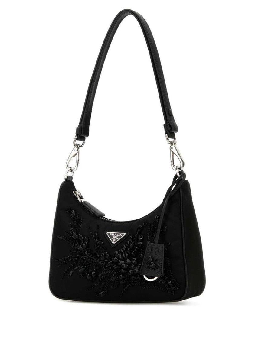 Prada Black Beaded Floral Embellished Bag With Dual Strap Design