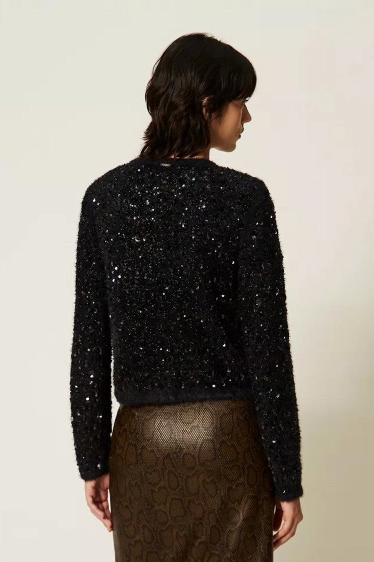 Twin-Set Black Sparkling Collarless Button-Front Jacket
