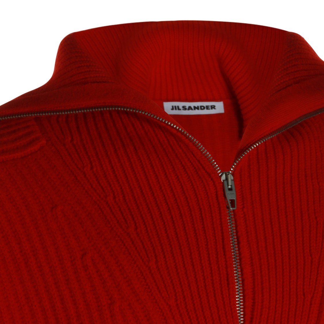Jil Sander Red Wool Knit Sweater With High Zipped Collar And Ribbed Details