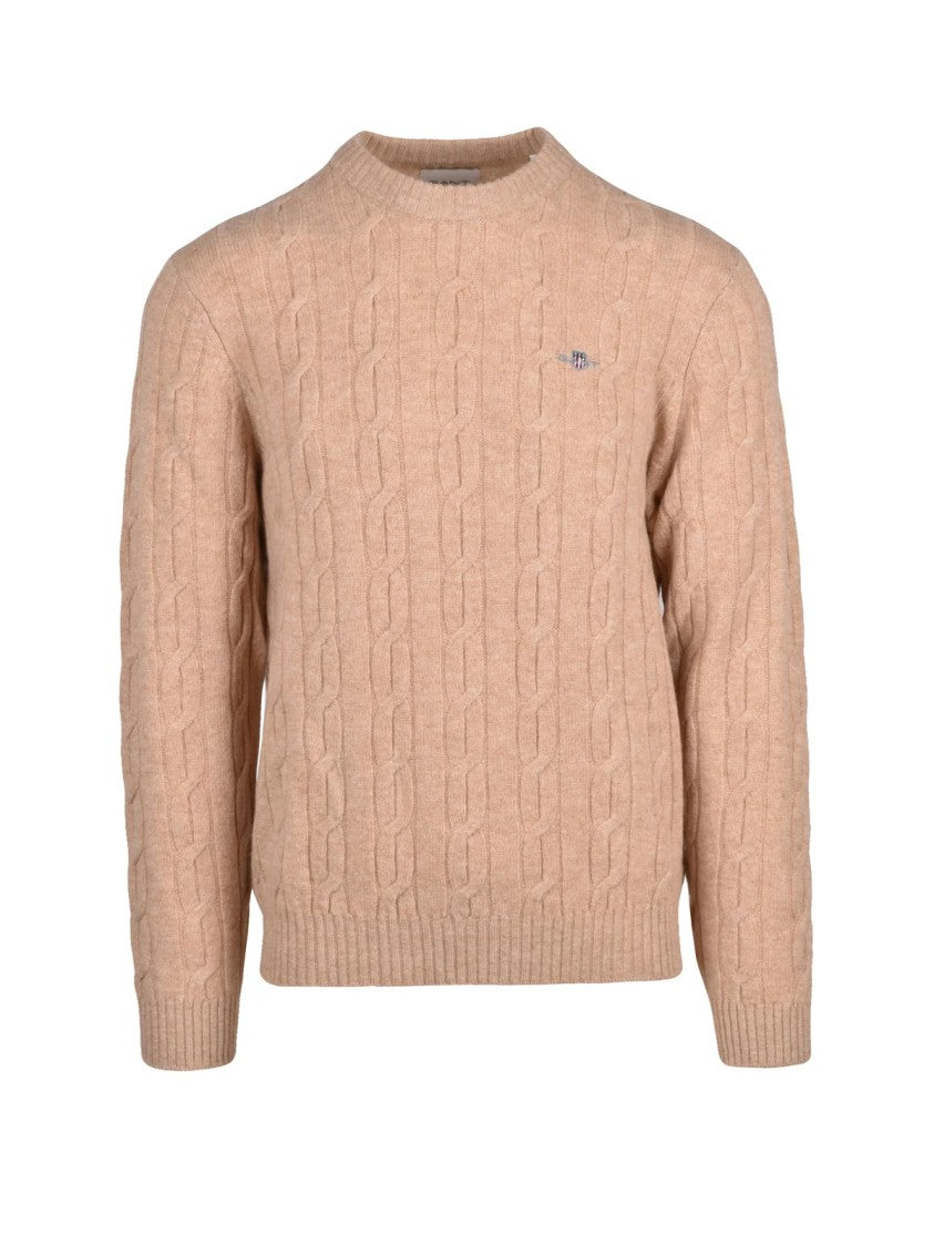 Gant Textured Cable Knit Crewneck Pullover In Natural Wool