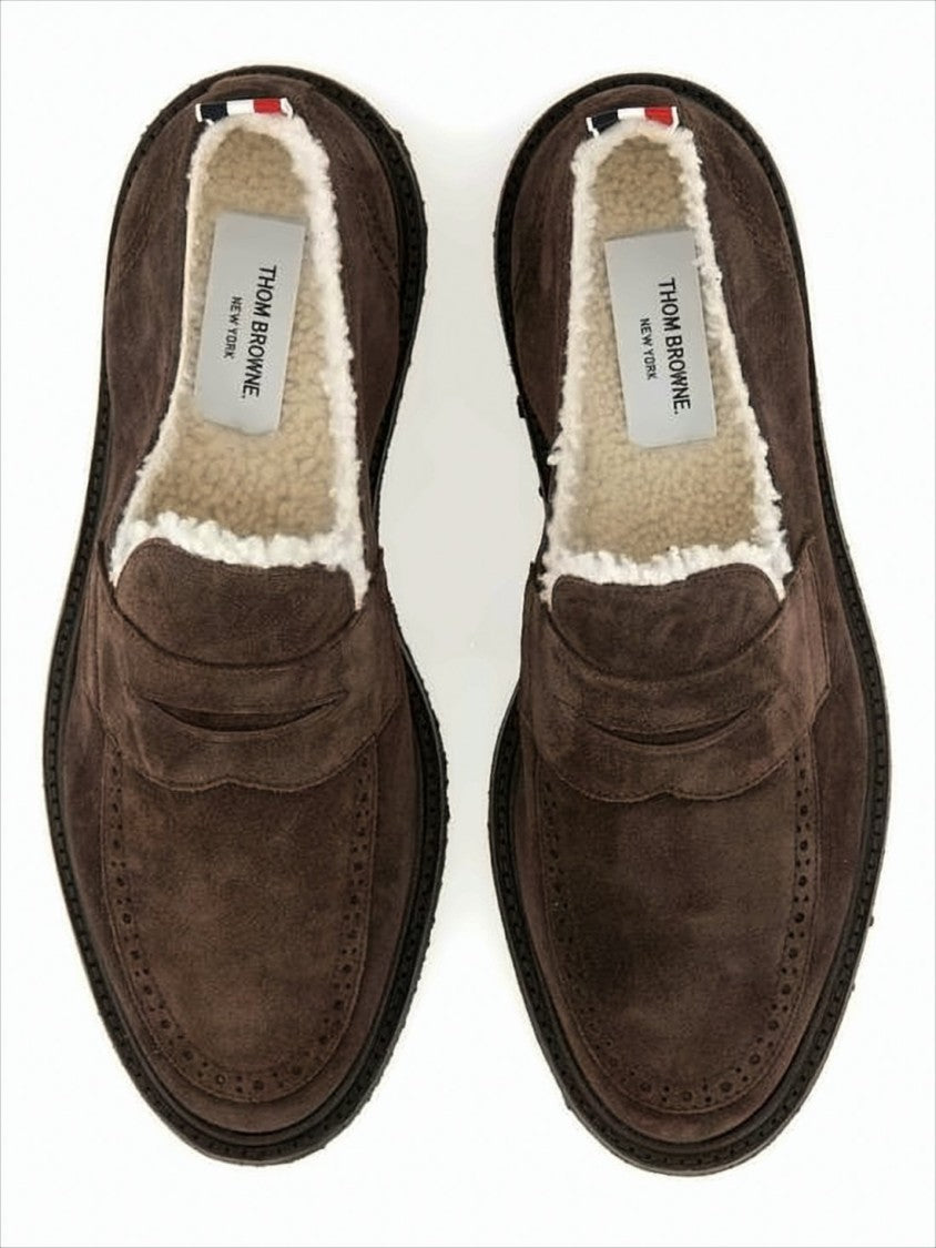 Thom Browne Dark Brown Suede Loafers With Shearling Lining And Tricolor Detail