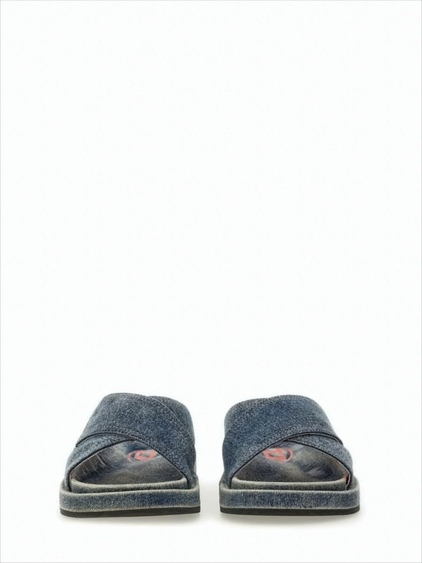 Diesel Denim-Textile Slip-On Mules With Vintage Wash Effect