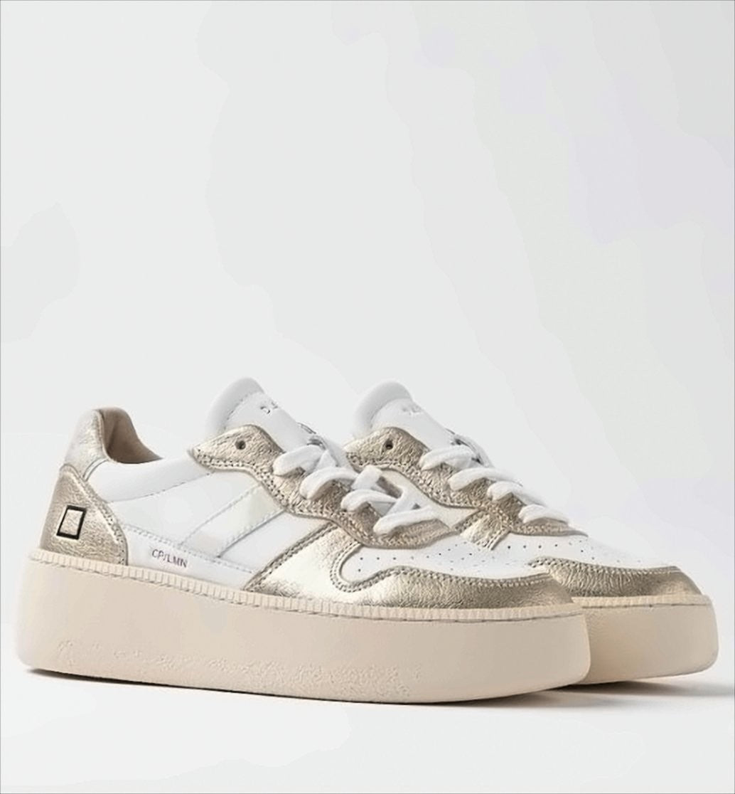 D.A.T.E Cream Leather Platform Sneakers With Platinum Accents