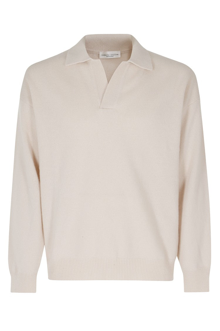 Roberto Collina Chalk Skipper-Neck Ribbed Cuffs Merino Wool Sweater