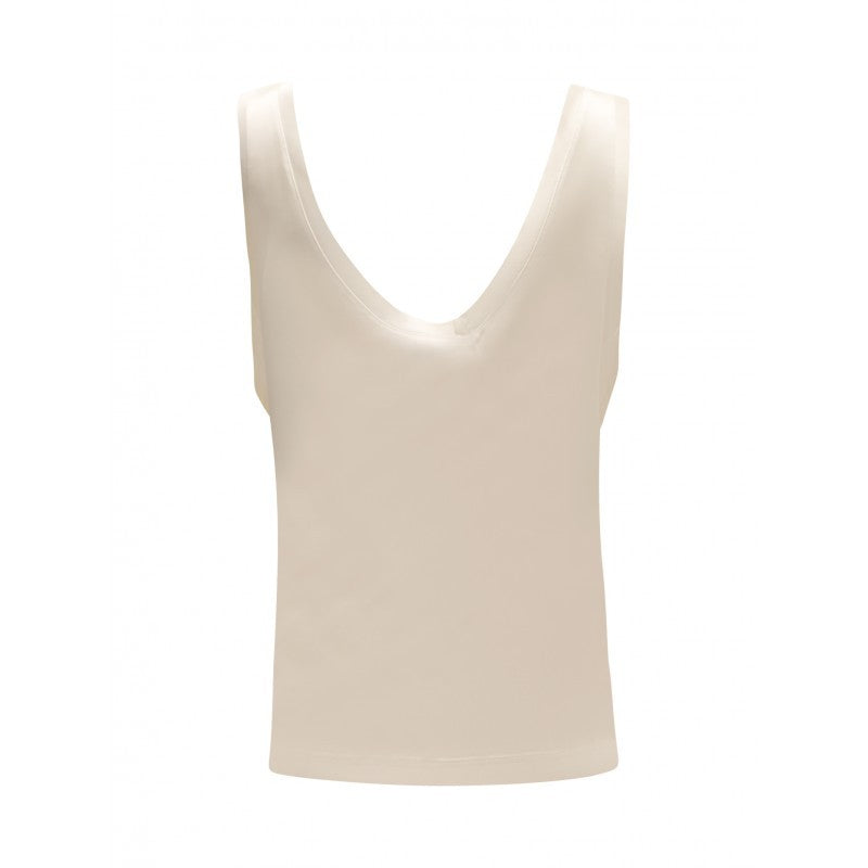 Sleep No More Sleeveless White Silk Top With Deep V-Neckline