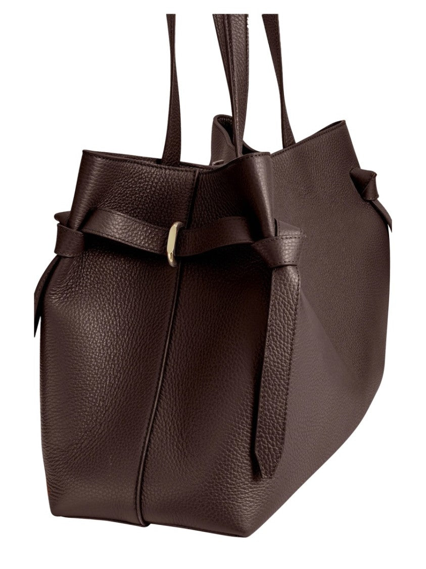 Yuzefi Structured Brown Leather Tote Bag With Gold-Tone Clasp