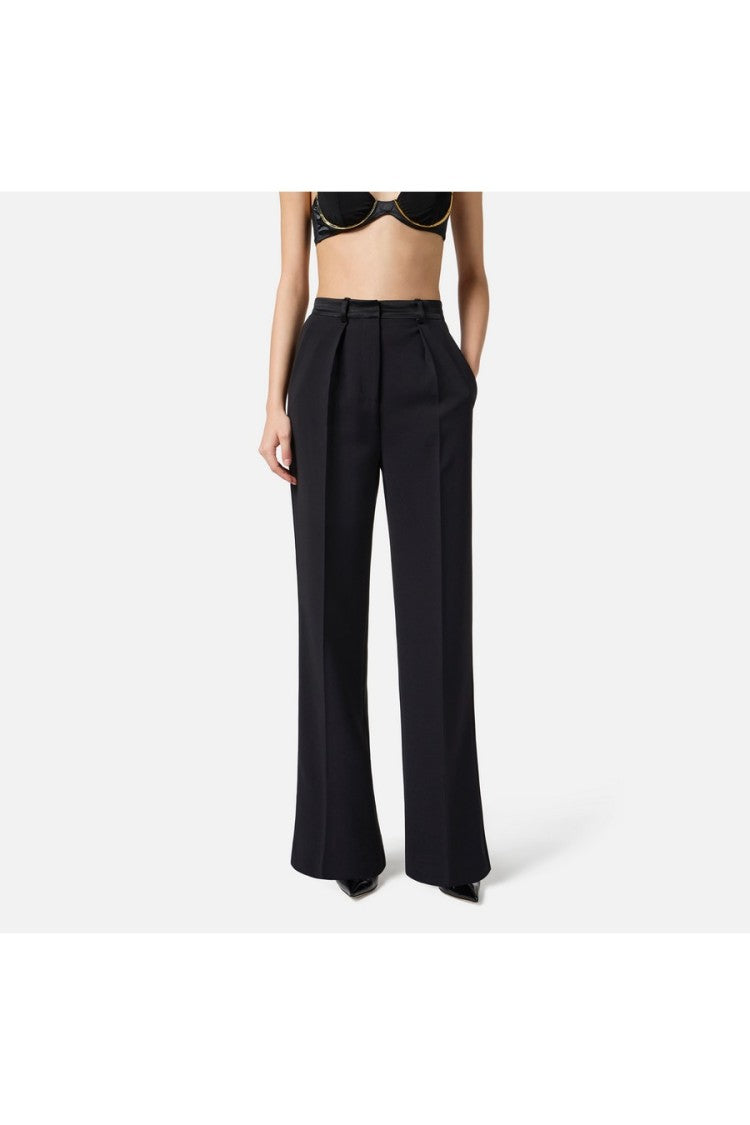 Elisabetta Franchi Black Pleated Satin Waistband Polyester-Blend Flared Pants