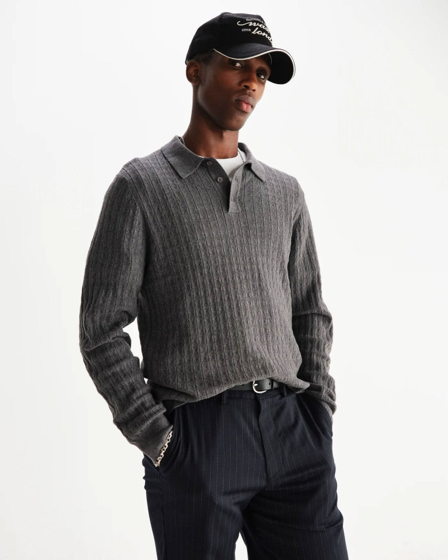 Wax London Textured Diamond Stripe Knit Polo In Grey Marl