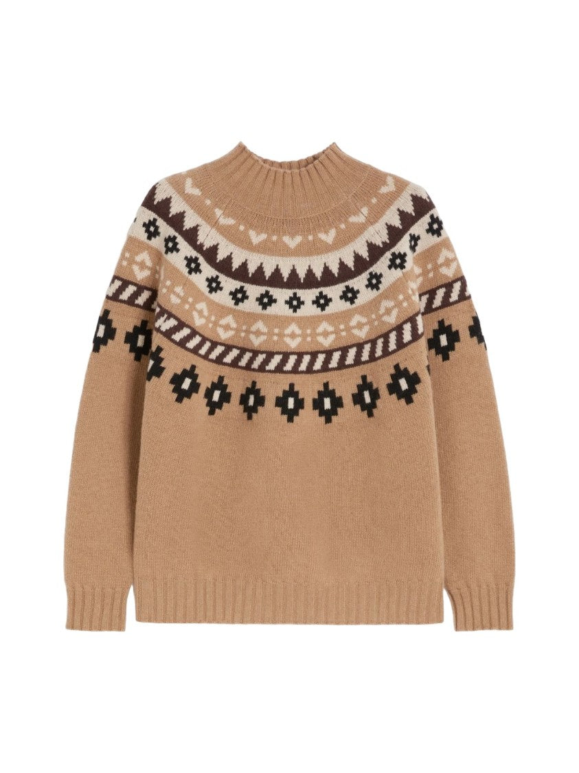 Max Mara Brown Knit Sweater With Patterned Yoke