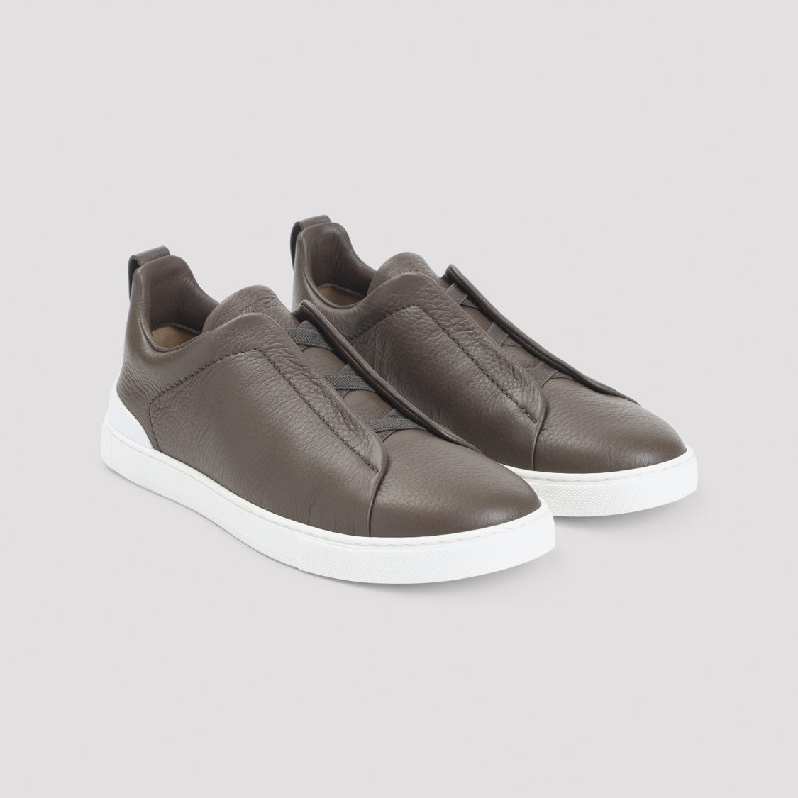Zegna Triple Stitch Brown Deer Leather Sneakers