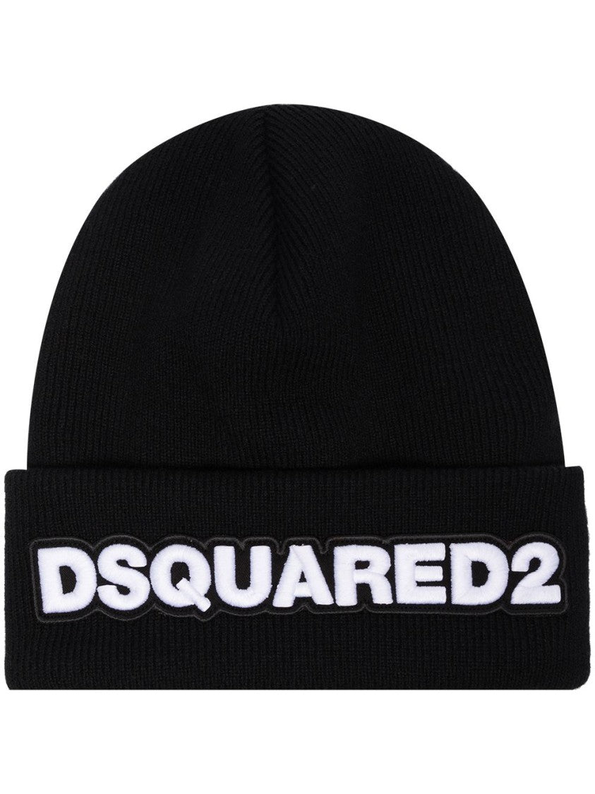 Dsquared2 Ribbed Knit Wool Folded Logo Hat