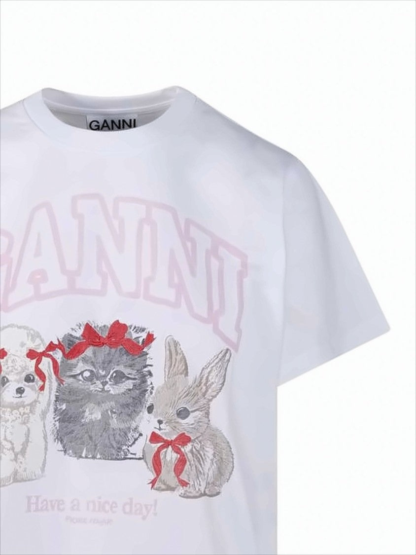Ganni Short-Sleeved Cotton T-Shirt Featuring Playful Animal Graphics