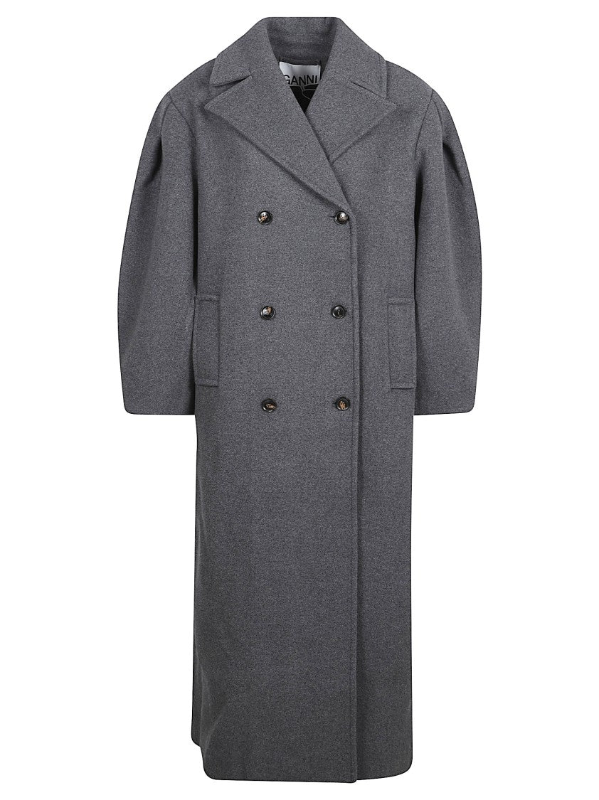 Ganni Long Wool Blend Coat With Wide Sleeves