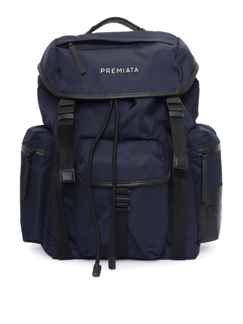 Premiata Structured Black Backpack With Front Zip Pocket And Adjustable Straps
