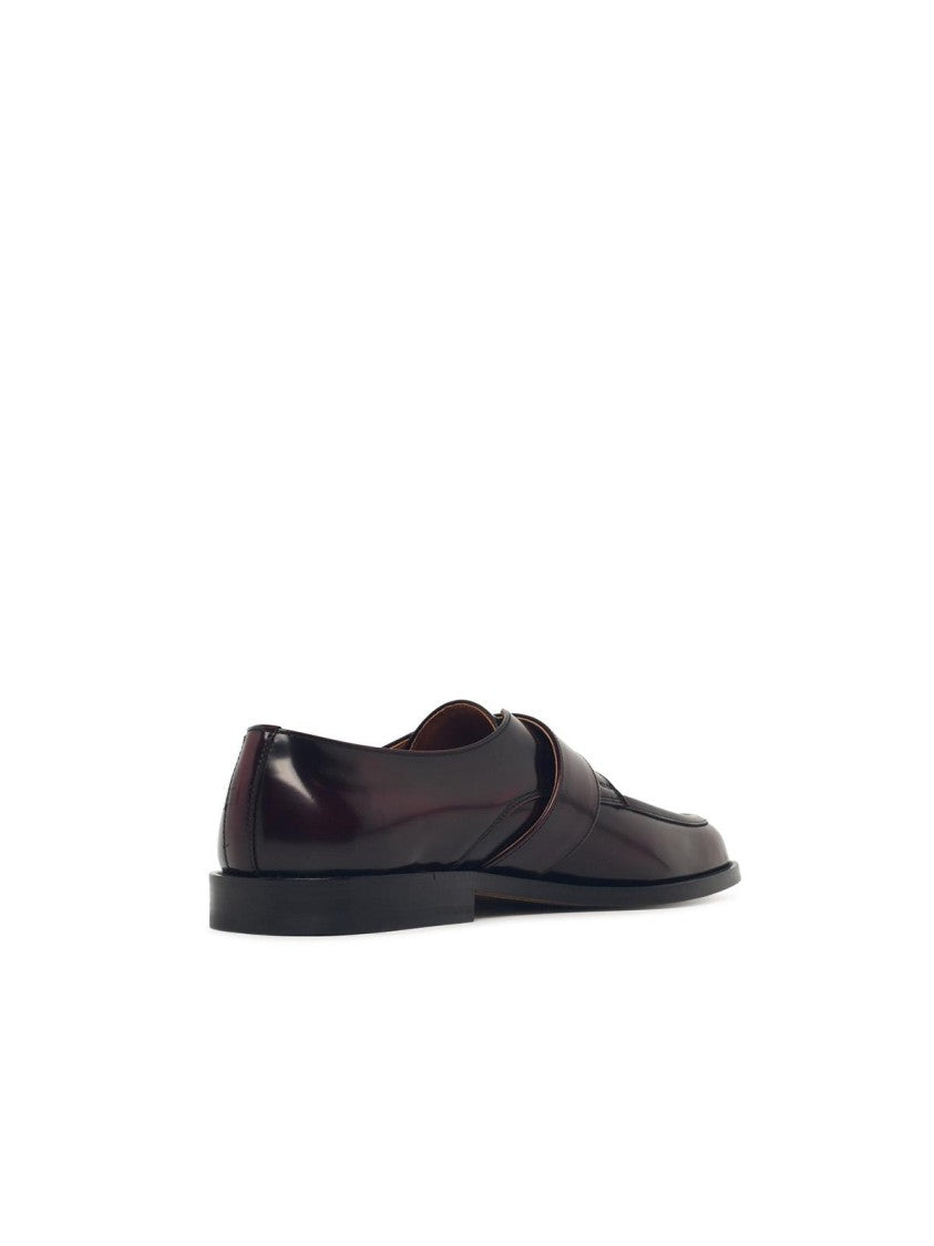 Marni Burgundy Leather Loafers With Buckled Strap And Polished Finish