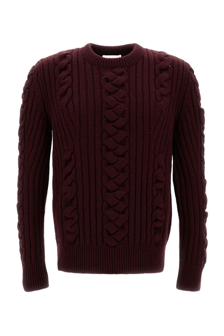 Alexander Mcqueen Burgundy Wool Sweater With Cable-Knit Pattern