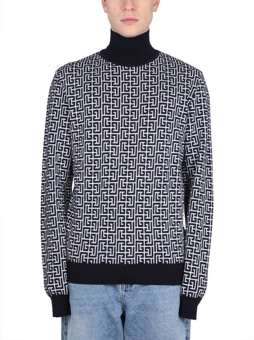 Balmain High-Neck Sweater With All-Over Monogram Pattern