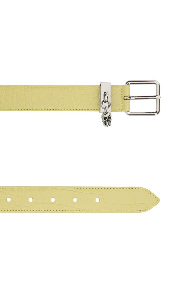 Alexander Mcqueen Textured Yellow Slim Belt With Silver Buckle