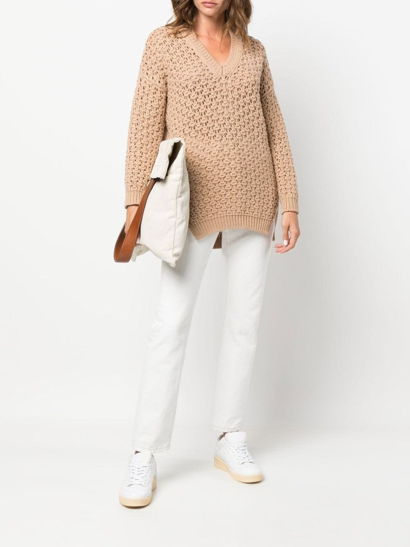 Agnona Beige Open-Knit Sweater With V-Neckline