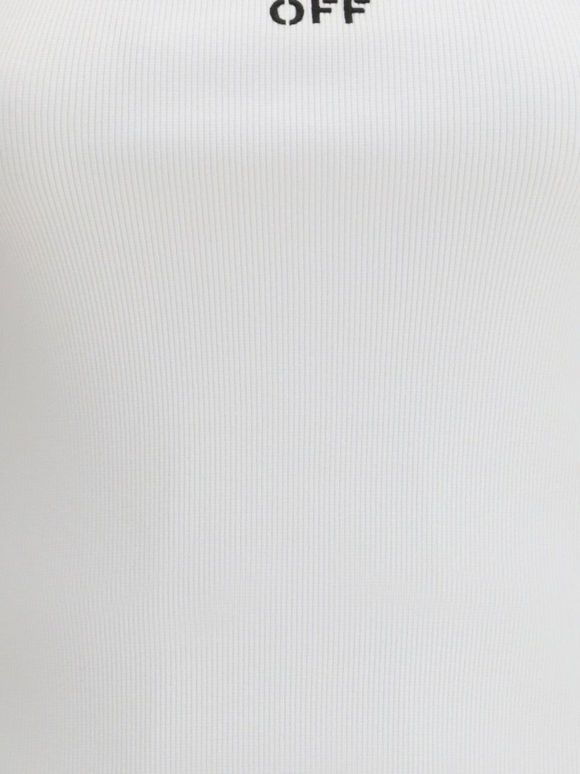 Off-White Scoop Neck Slim Fit Top With Ribbed Texture And Stamp Detail