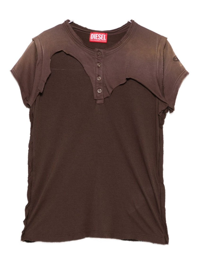 Diesel Layered Brown Viscose T-Shirt With Asymmetrical Neckline