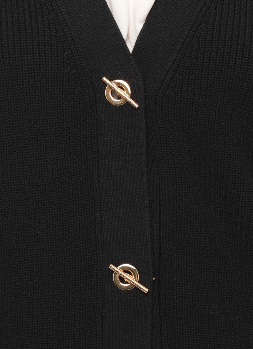 Elisabetta Franchi Ribbed Black Sweater With Gold T-Closure And Cropped Fit