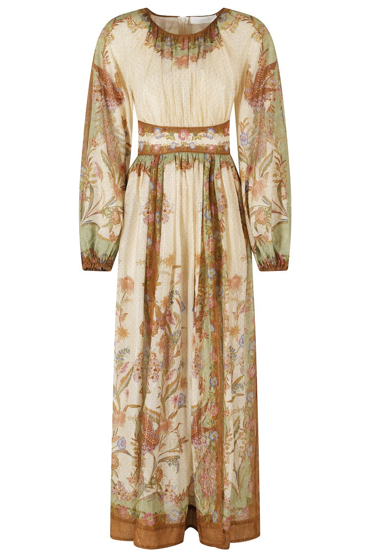 Zimmermann Cream Khaki Indra Waisted Floral Metallic Cotton Maxi Dress
