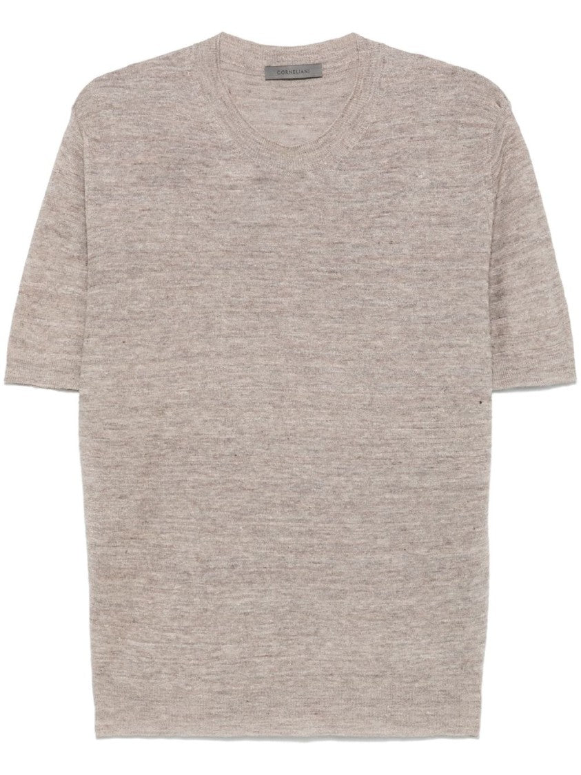 Corneliani Short-Sleeved Brown Knit Top In Linen-Silk Blend