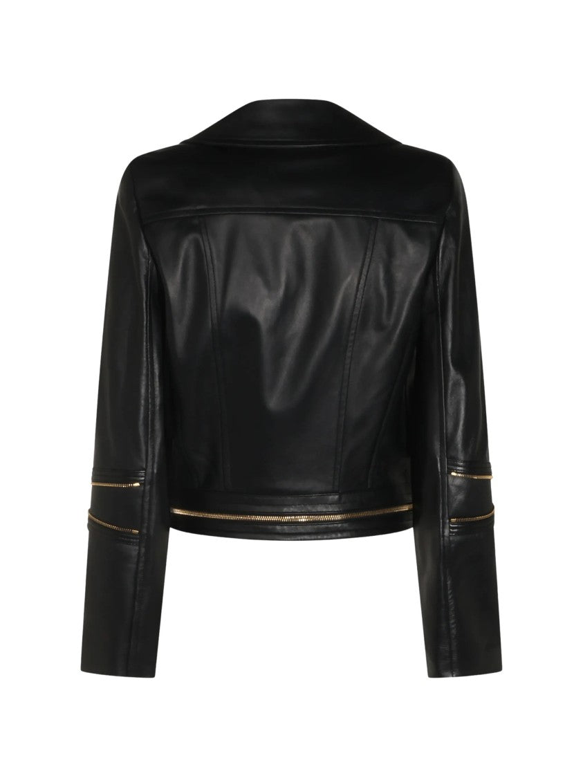 Elisabetta Franchi Cropped Leather Jacket With Asymmetrical Closure And Gold-Tone Hardware