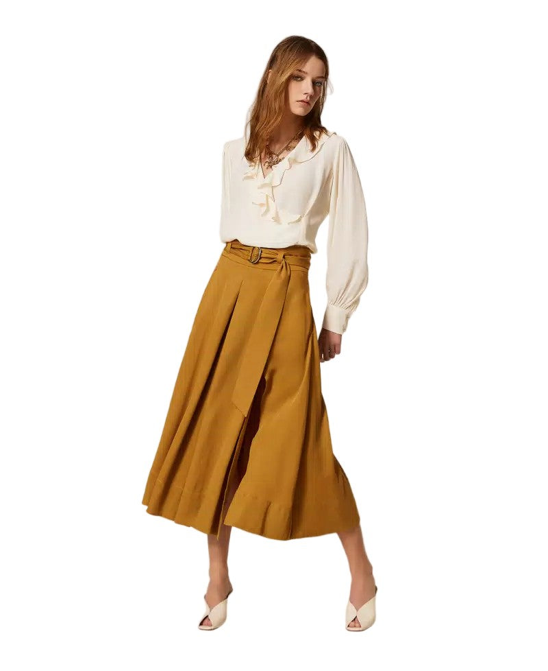 Twin-Set White Viscose-Blend Crêpe De Chine Crossover Ruffled Blouse