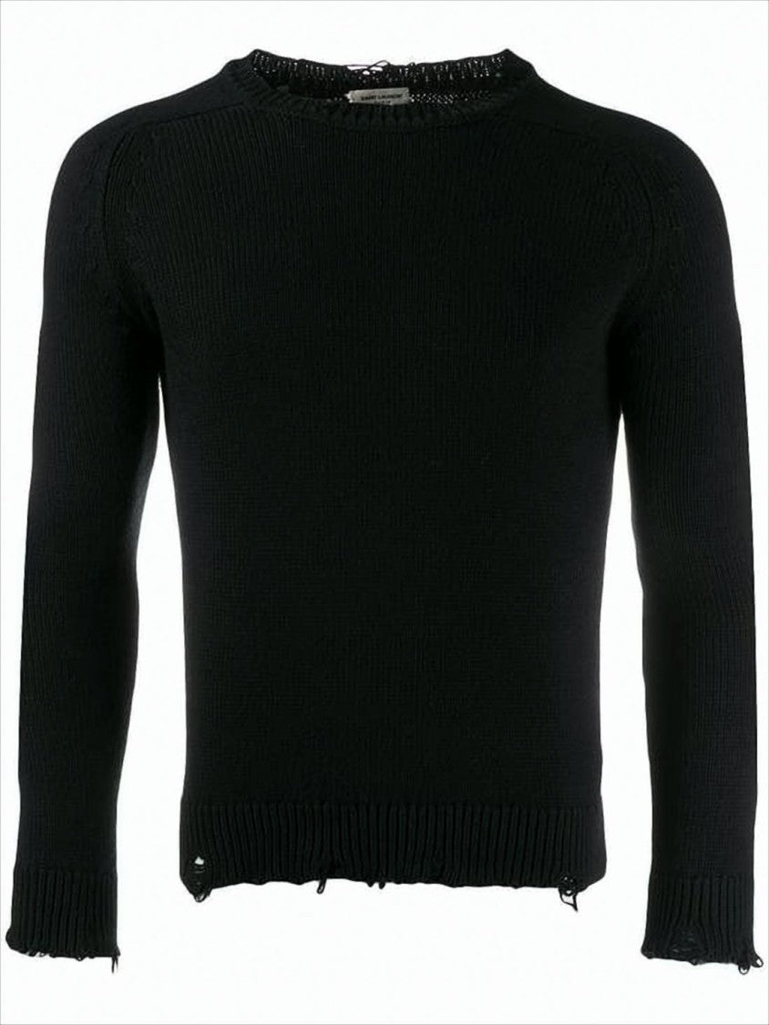 Saint Laurent Distressed Black Knit Sweater With Crew Neckline