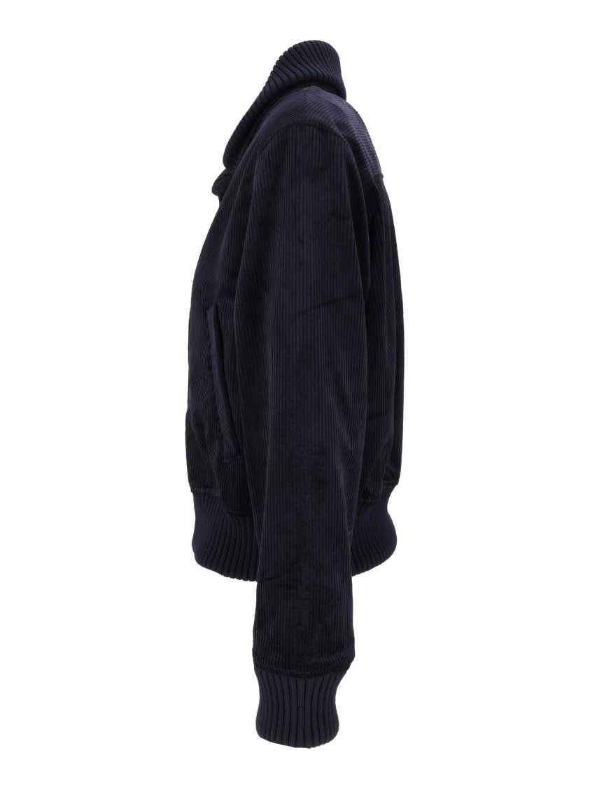 Aspesi Cropped Blue Ribbed Shawl-Collar Corduroy Jacket