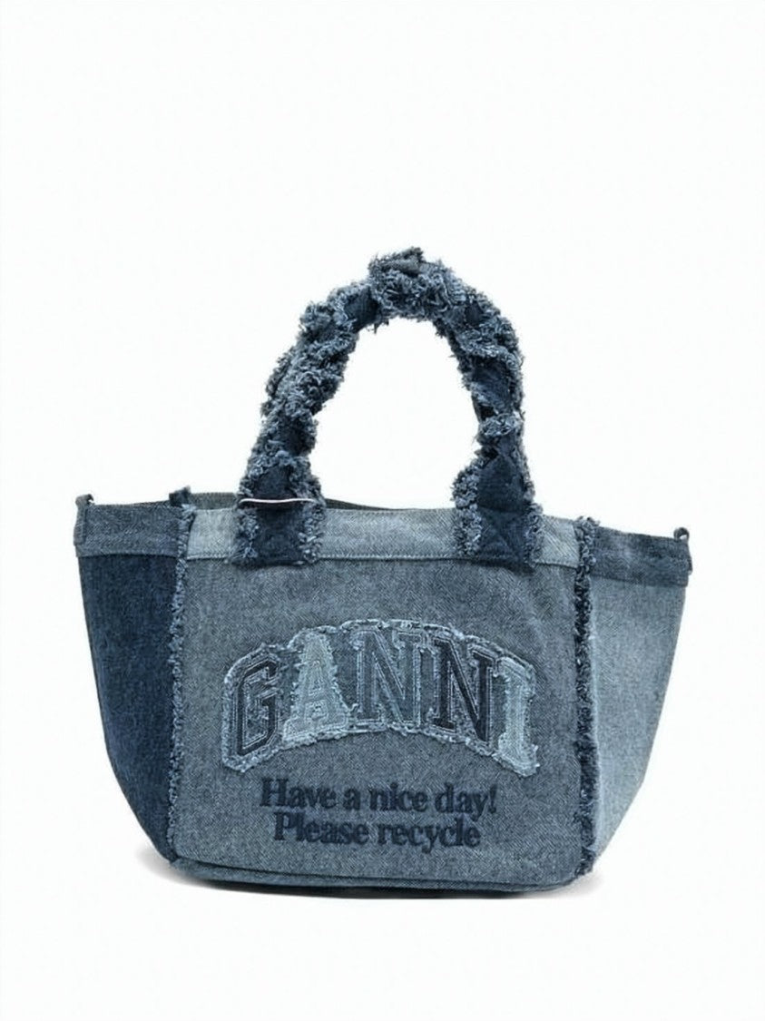 Ganni Patchwork Denim Tote Bag With Frayed Edges