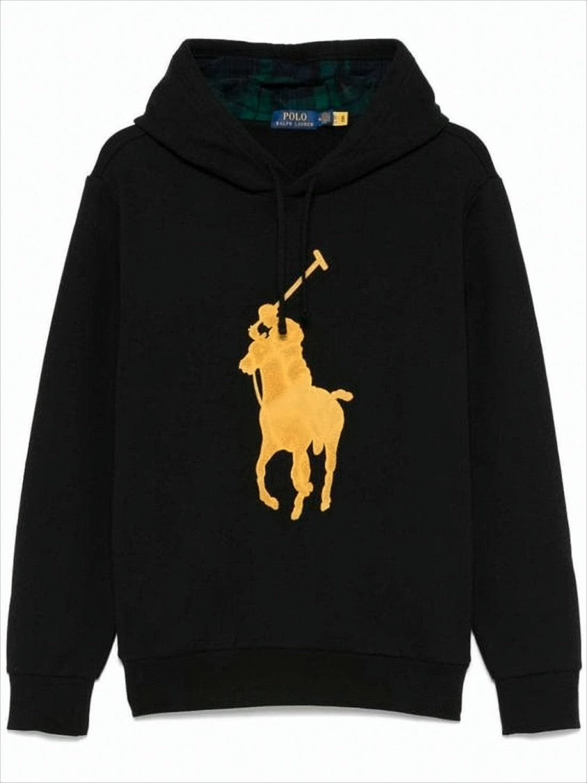 Polo Ralph Lauren Black Hoodie With Bold Yellow Polo Graphic And Plaid Lining