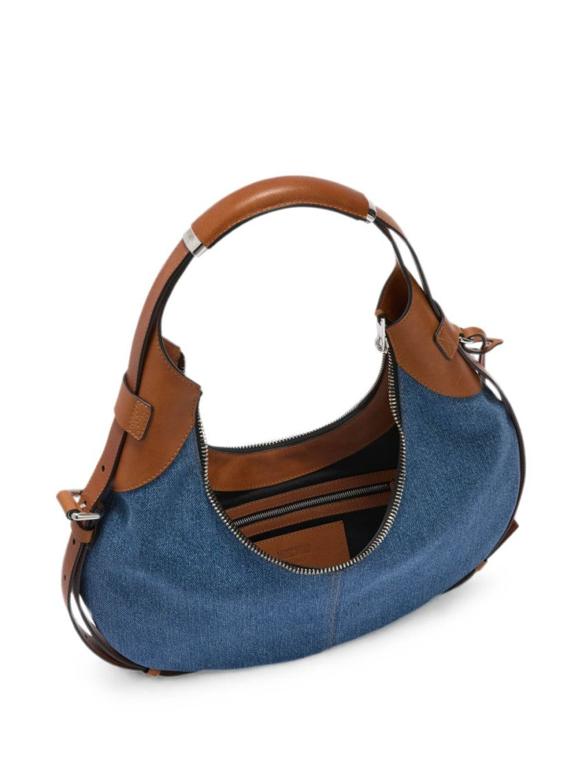 Moschino Blue Silk-Blend Leather Accent Handbag