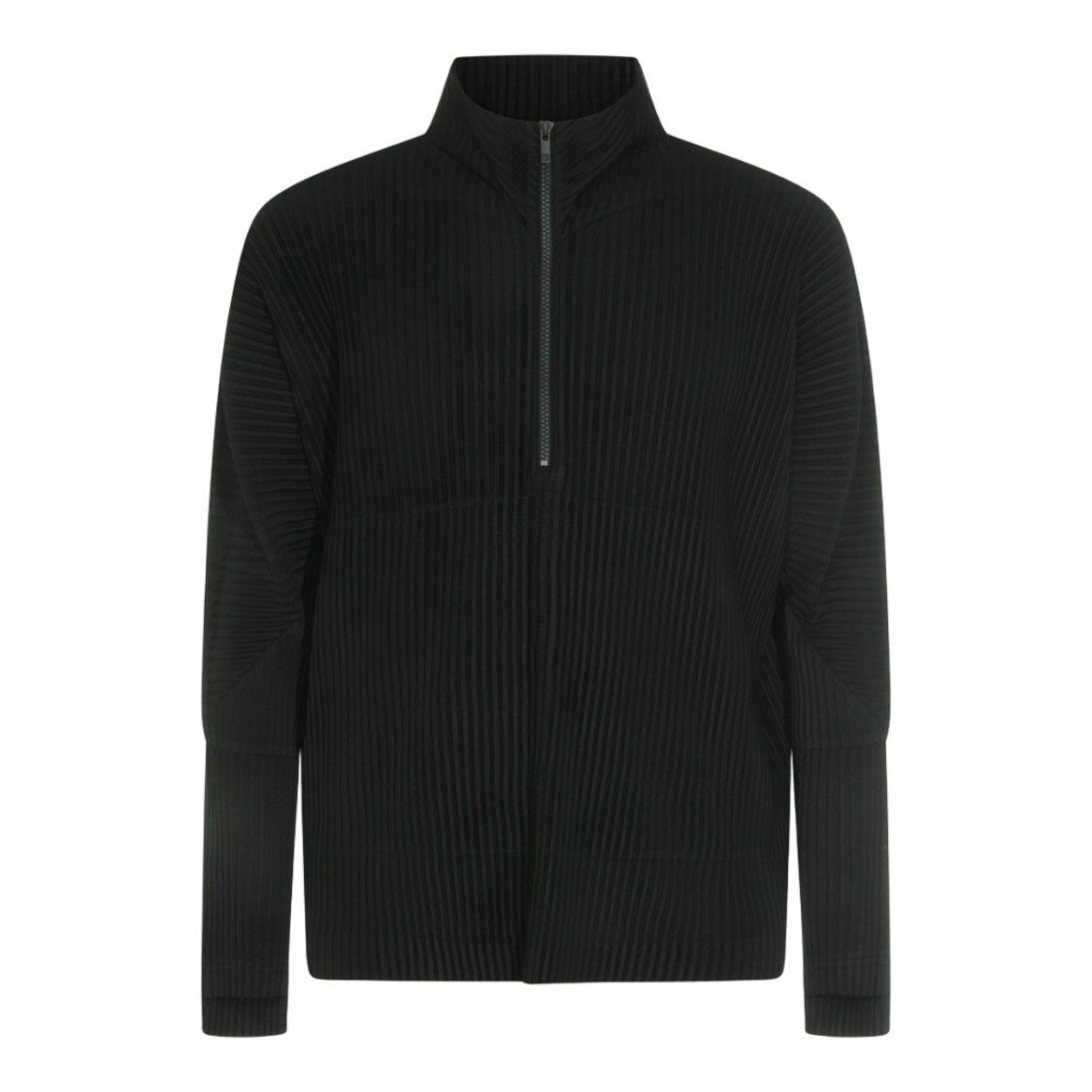 Homme Plissé Issey Miyake Vertical Pleated Black Jacket With High Collar And Zipper