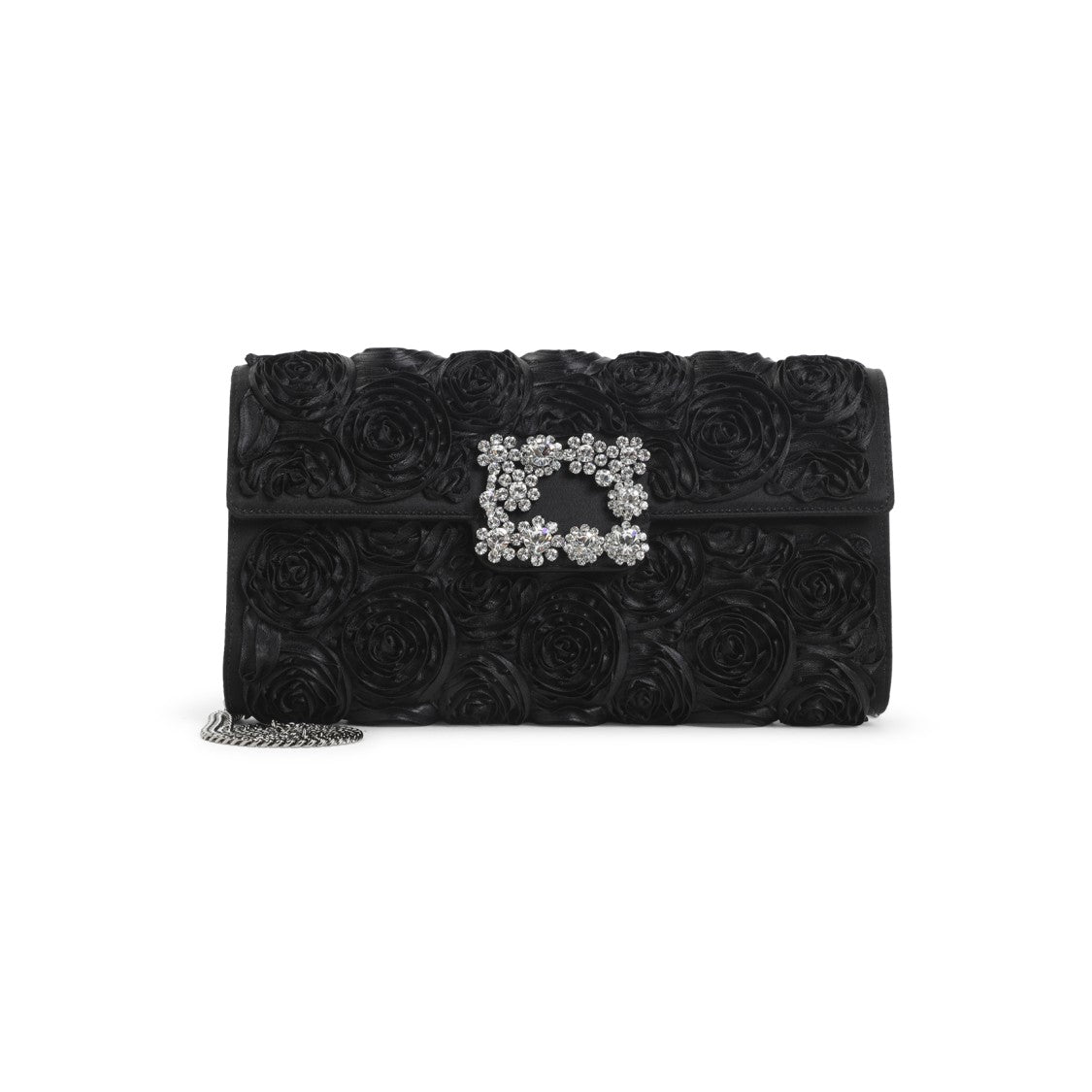 Roger Vivier Black Satin Envelope Flap Rose Flower Buckle Shoulder Bag