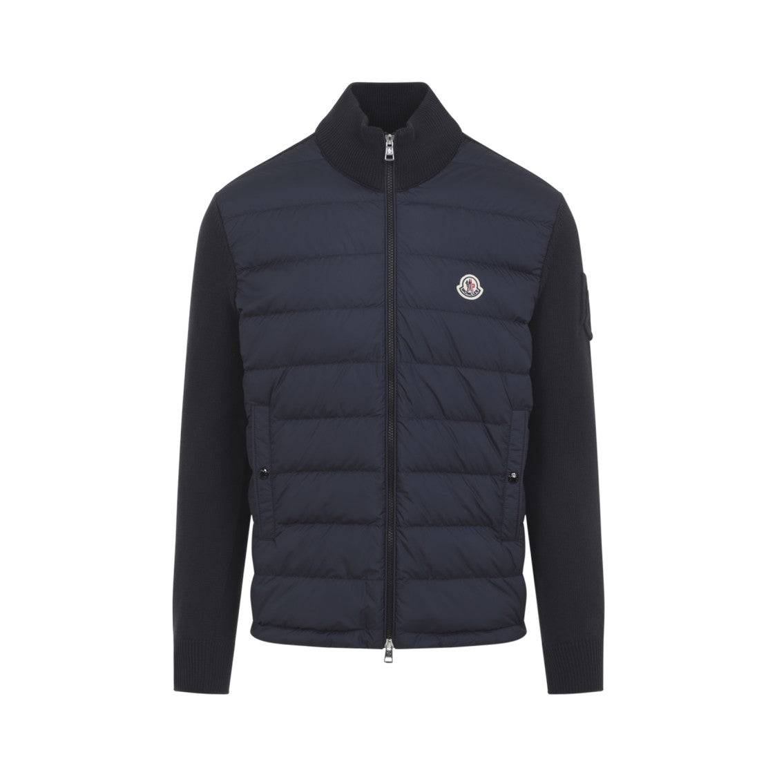 Moncler Padded Dark Blue Cotton Cardigan With Ribbed Collar