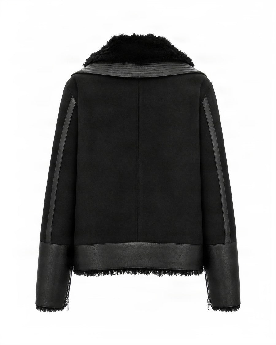 Patrizia Pepe Black Leather-Effect Plush Fur Collar Jacket