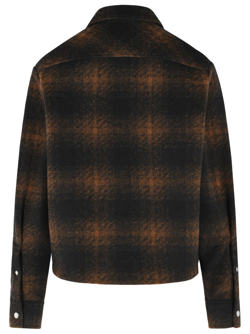 Moncler Brown And Black Check Wool Blend Jersey Zip Shirt